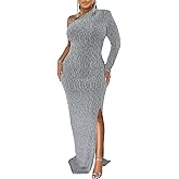 Women's Formal Evening Gowns Elegant Sparkly One Shoulder Maxi Dresses Sexy Long Sleeve High Split Party Long Dress