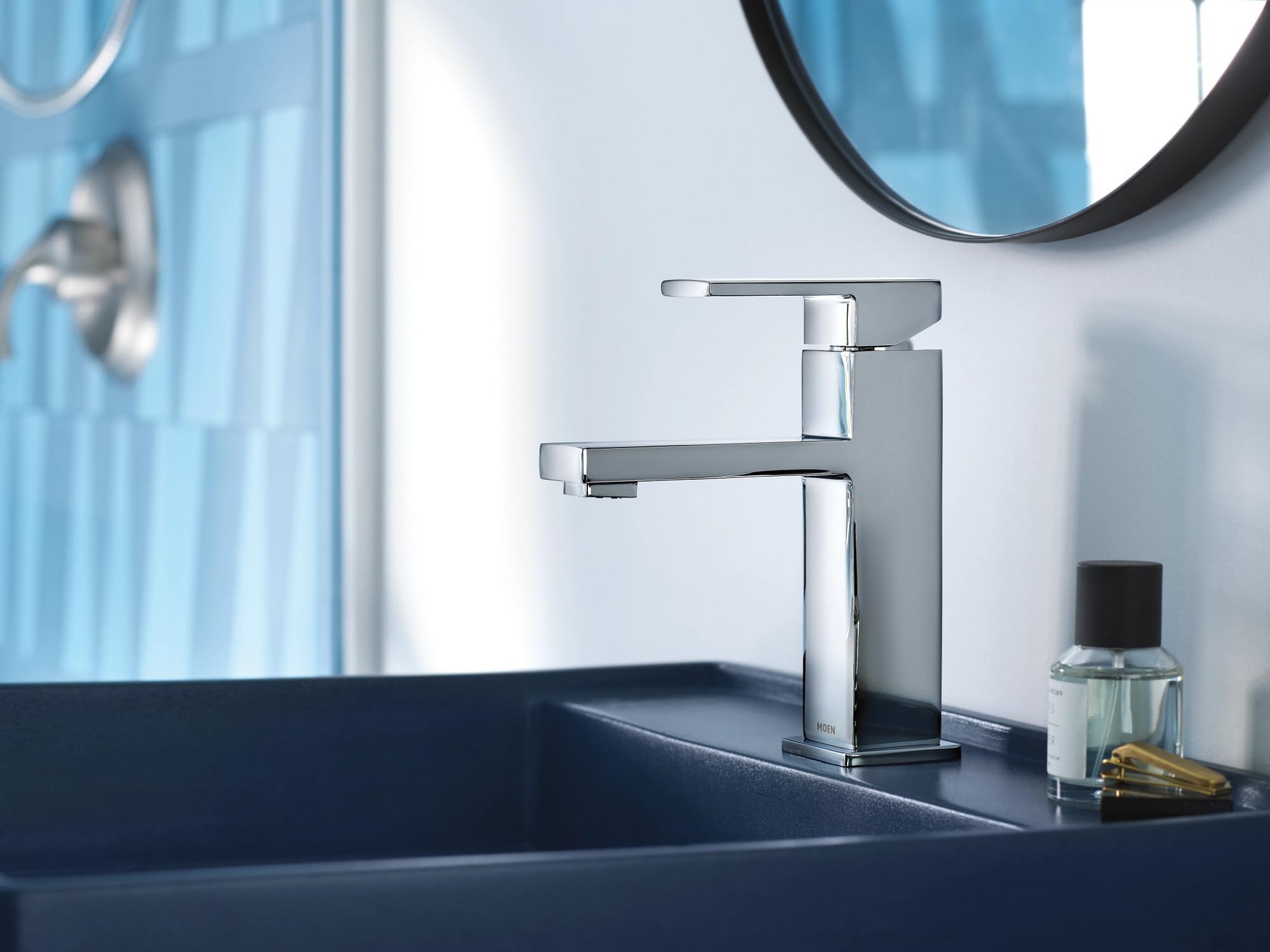 Moen Revyl Chrome One-Handle Single Hole Modern Bathroom Sink Faucet with Optional Deckplate and Spring Loaded Drain Assembly, 84771