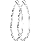 PRETOLE 925 Sterling Silver Hoop Earrings Rhinestone Large Silver Hoop Earrings Oval Big Hoops Earrings for Women Lightweight Hypoallergenic Extra Large Silver Hoops Earrings for Women (50/60/70MM)