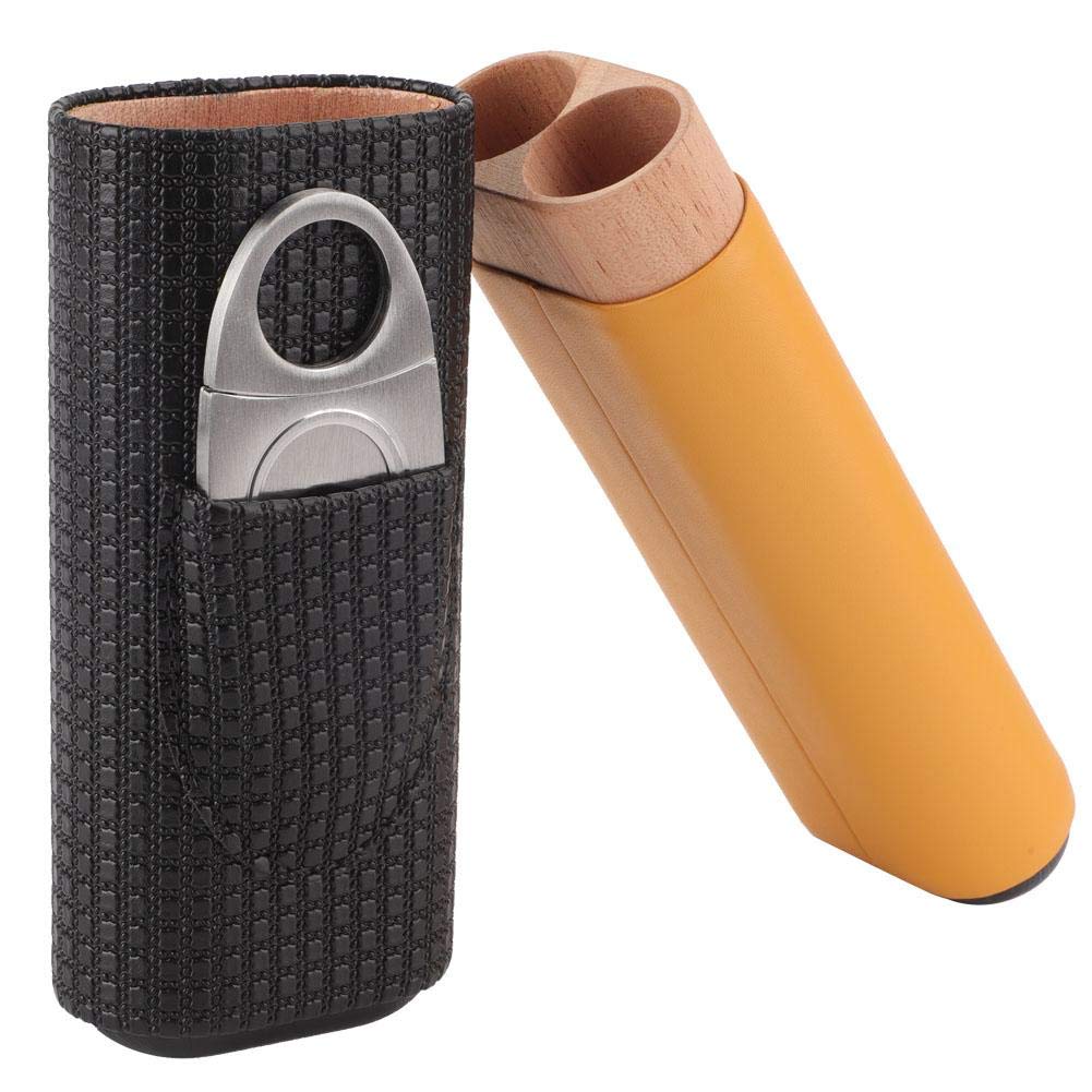 HEEPDD Cigar Case, Portable Leather Cedar Lined Cigar Box with 2 Tubes and Stainless Steel Cutter Humidor Cigar Pouch for Outdoor Travel and Storage