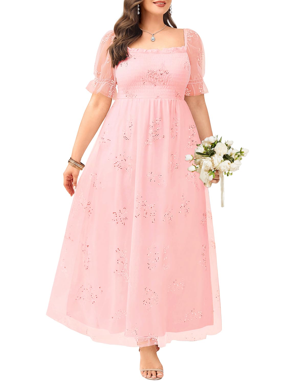 Plus Size Pink Dress Bridesmaid Pastel Blush Tulle Puff Sleeve Fairy ...