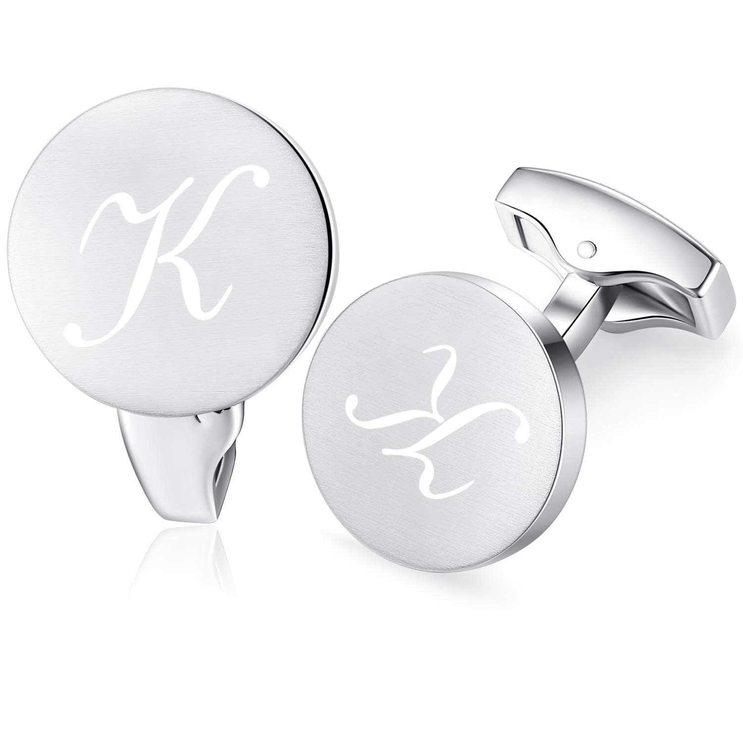 Honey Bear Initial Alphabet Letter Cufflinks for Men, Silver Round Shape Stainless Steel Wedding Business Gifts A - Z (K)