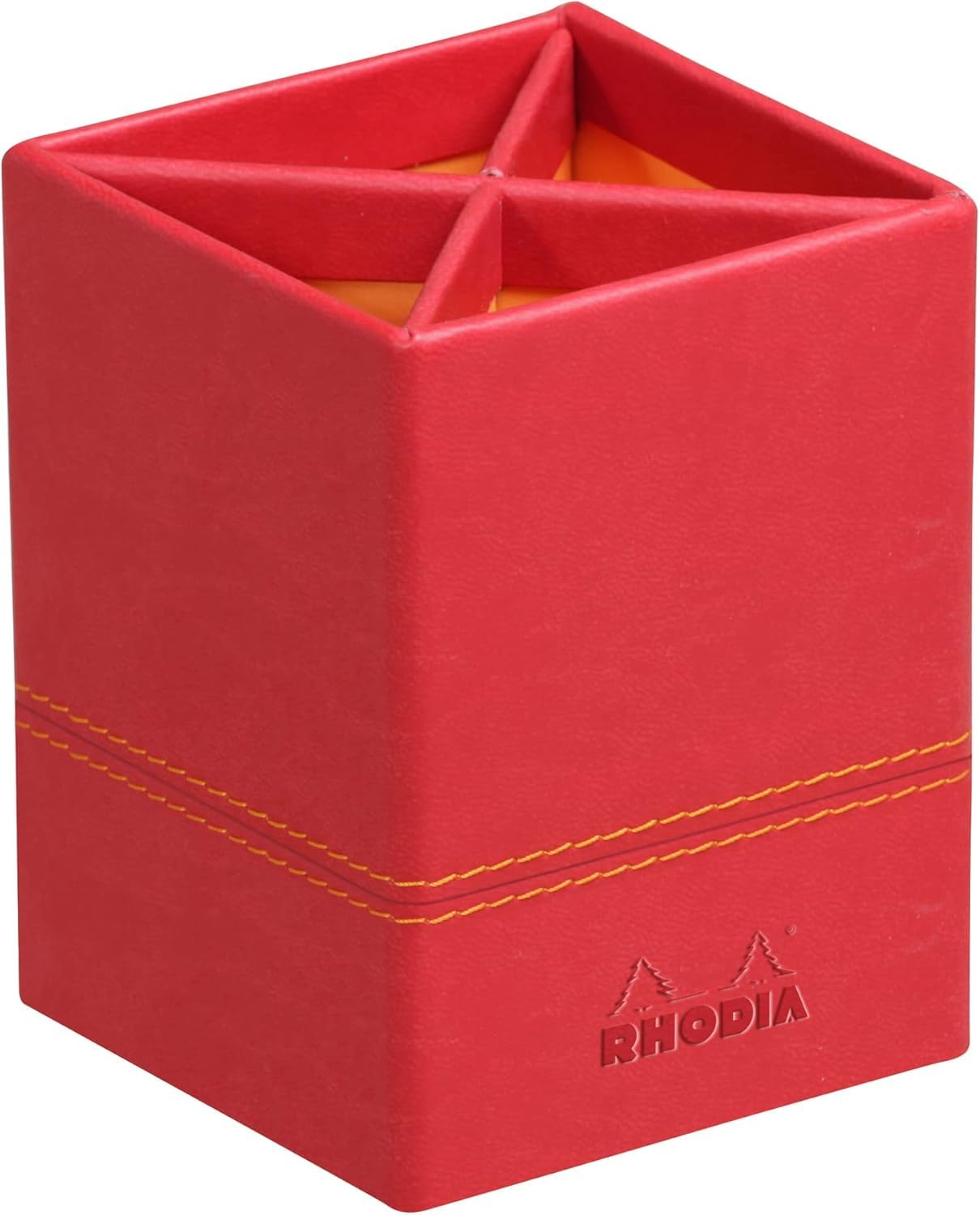 RHODIA 318913C - Poppy Pencil Pot - 8x8x11 cm - Orange Sellier Stitching - Faux Leather Exterior - Rhodiarama Home Office Collection - Office Organization & Design Storage