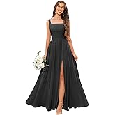 YMeiPaodw Women's Square Neck Chiffon Bridesmaid Dresses with Pockets Pleated A Line Formal Evening Dresses with Slit