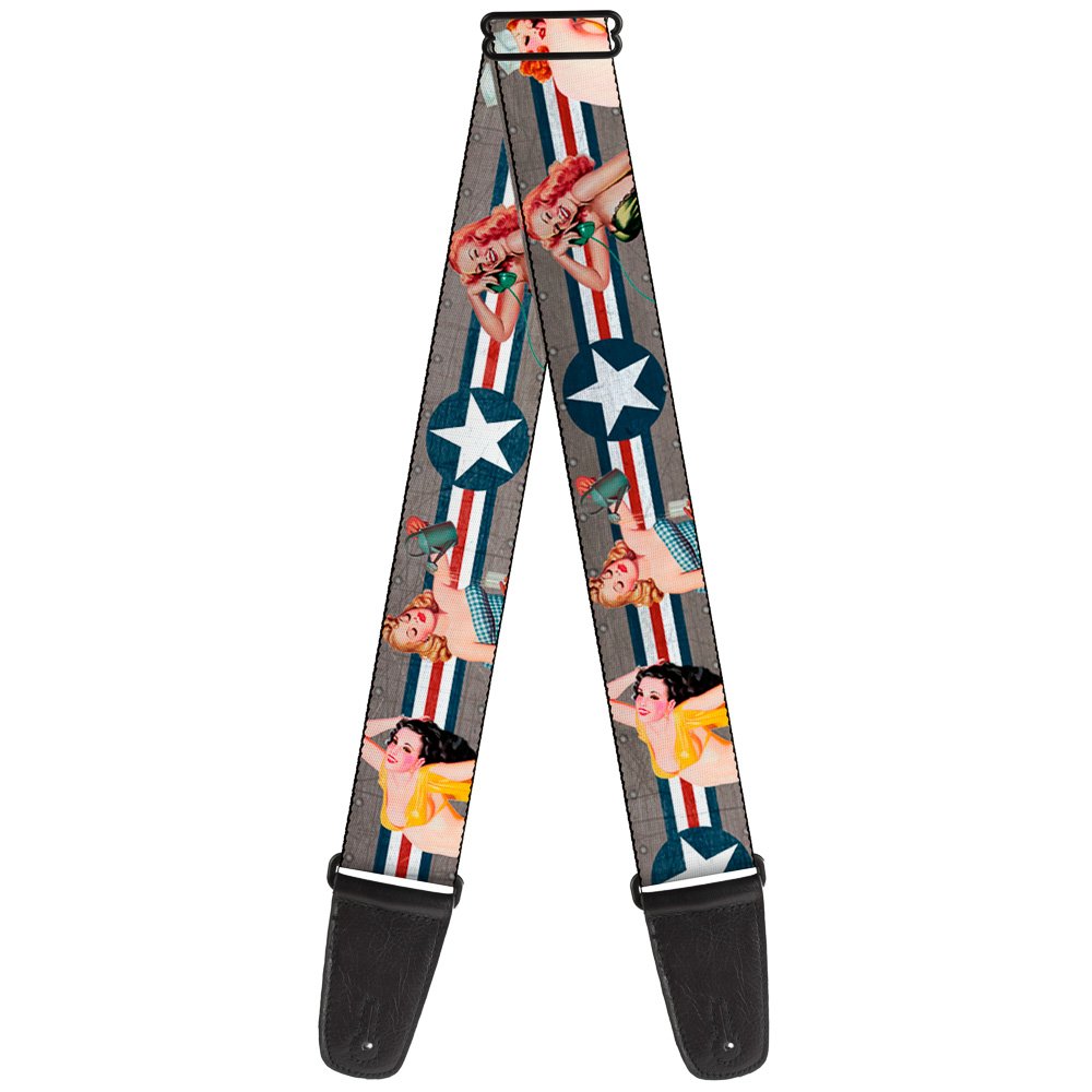 Buckle-Down Guitar Strap Pin Up Girl Poses Close Up Star Stripes Gray Blue White Red 2 Inches Wide