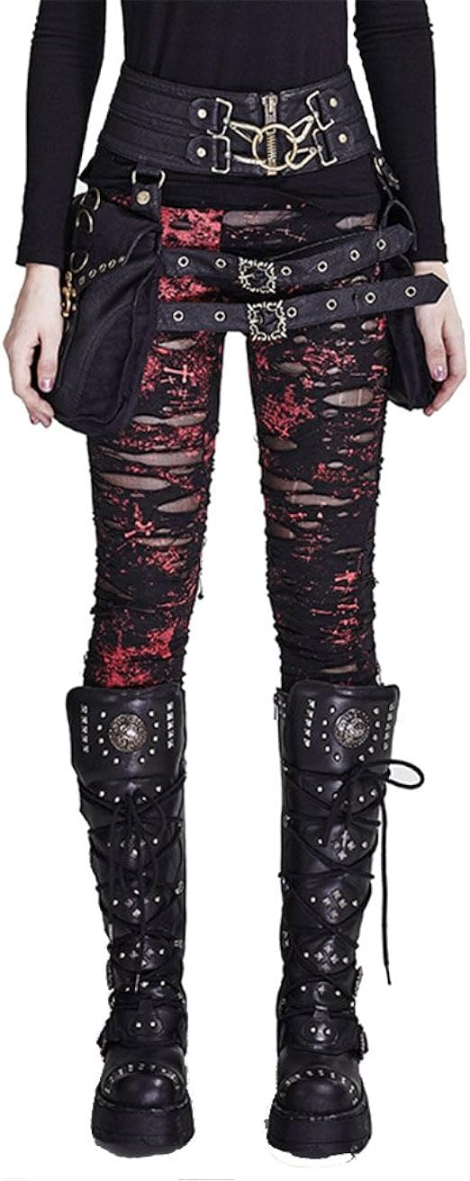 Peony ghost Punk Women Ripped Leggings Gothic Tattered Broken Close