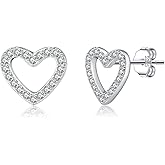 Reffeer Solid 925 Sterling Silver CZ Heart Stud Earrings for Women Teen Girls Open Heart Earrings Stud Hypoallergenic