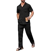 Mens Two Piece Summer Outfit Short Sleeve Ribbed Shirt and Pants with Pockets Loungewear Beachwear Sleepwear