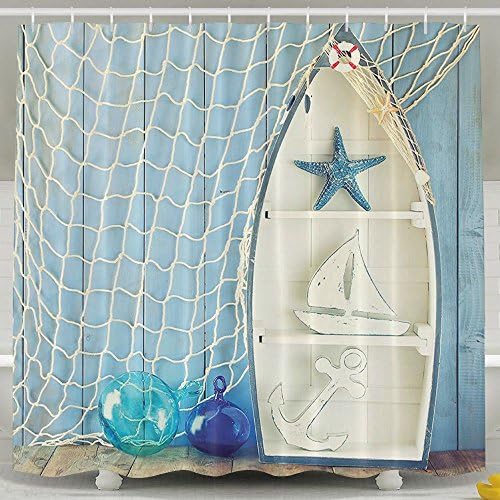 XsWu Sea Objects On Wooden With Vintage Boat Starfish Shell Fishing Net Shower Curtain Bath Curtain With Hooks 60x72