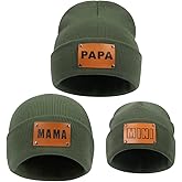 ZUYYON 3 Pcs Parent-Child Beanie Hats Mama PAPA MINI Leather Patch Winter Knit Cap Warm Cuffed Cap Matching Family Beanie Hat