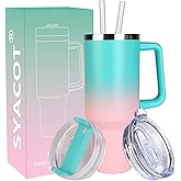 SYACOT 40 oz Tumbler with Handle and Straw Stainless Steel Insulated Tumbler Leak Proof Lid and Straw Lid Reusable Travel Mug Coffee Mug Cup Dishwasher Safe Keep Drinks Cold and Hot (Bubble Gum)