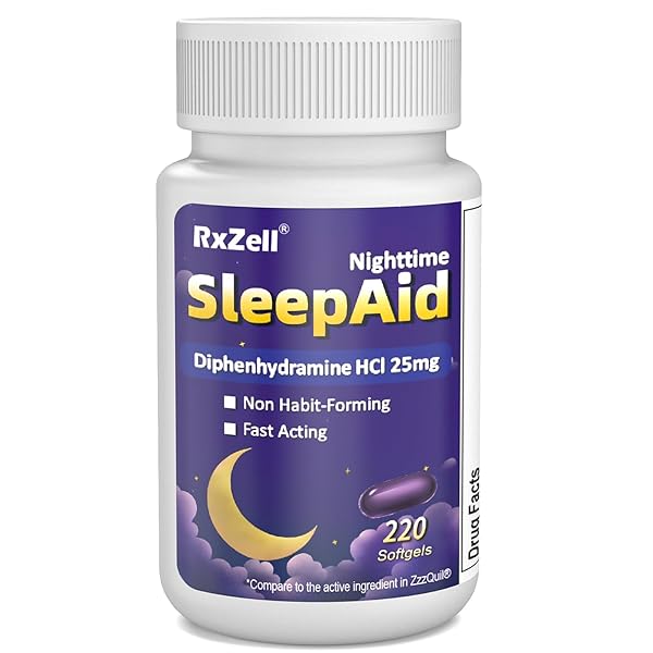 RXZELL SLEEP AID, DIPHENHYDRAMINE HCL 25MG, 220 SOFTGELS – FALL ASLEEP FASTER, DEEPER RESTFUL SLEEPING, NON HABIT-FORMING