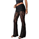 Verdusa Women's Lace Pants Floral Sheer Mesh Flare Leggings Elastic Long Trousers Going Out Bottoms