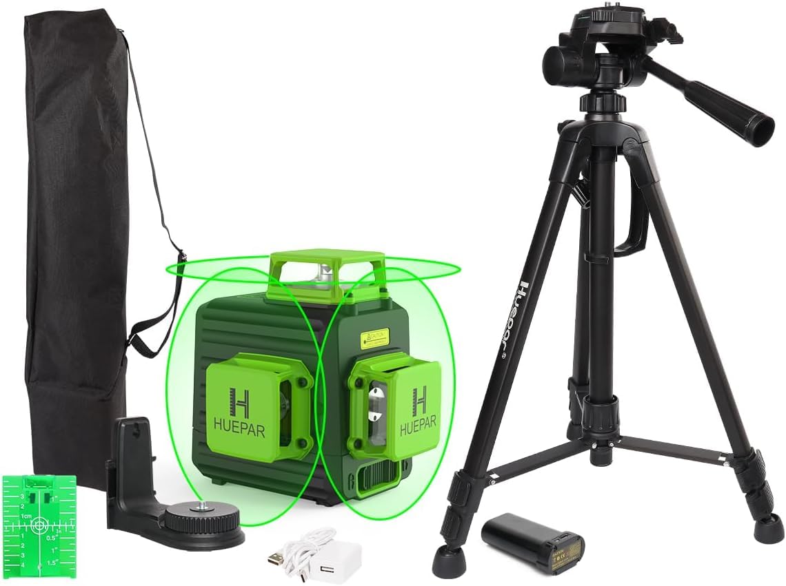 Huepar 3D Cross Line Self-Leveling Laser Level 3 x 360 Green Beam Three-Plane Leveling and Alignment Laser Tool, Li-ion Battery with Type-C Charging Port & 1.2M Tripod Included - B03CG-TP