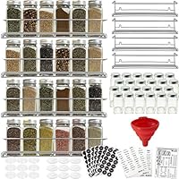 4 Spice Racks with 24 Glass Spice Jar & 2 Types of Printed Spice Labels by Talented Kitchen. Complete Set: 4 Wall Mount Stainless Steel Racks, 24 Square Empty Glass Jars 4oz, Chalkboard & Clear Label