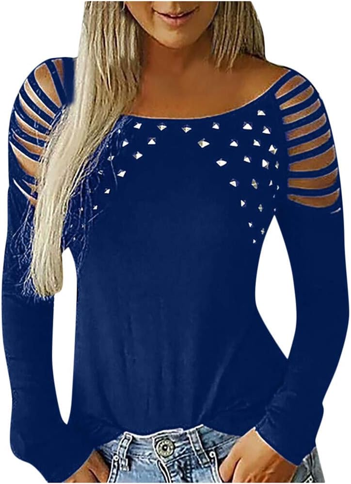 Moent Sales Plus Women Fashion Neck Hollow-Out Studded Long Sleeve T Shirts Casual Tops, Tops for Women UK Size Autumn Winter Blouse