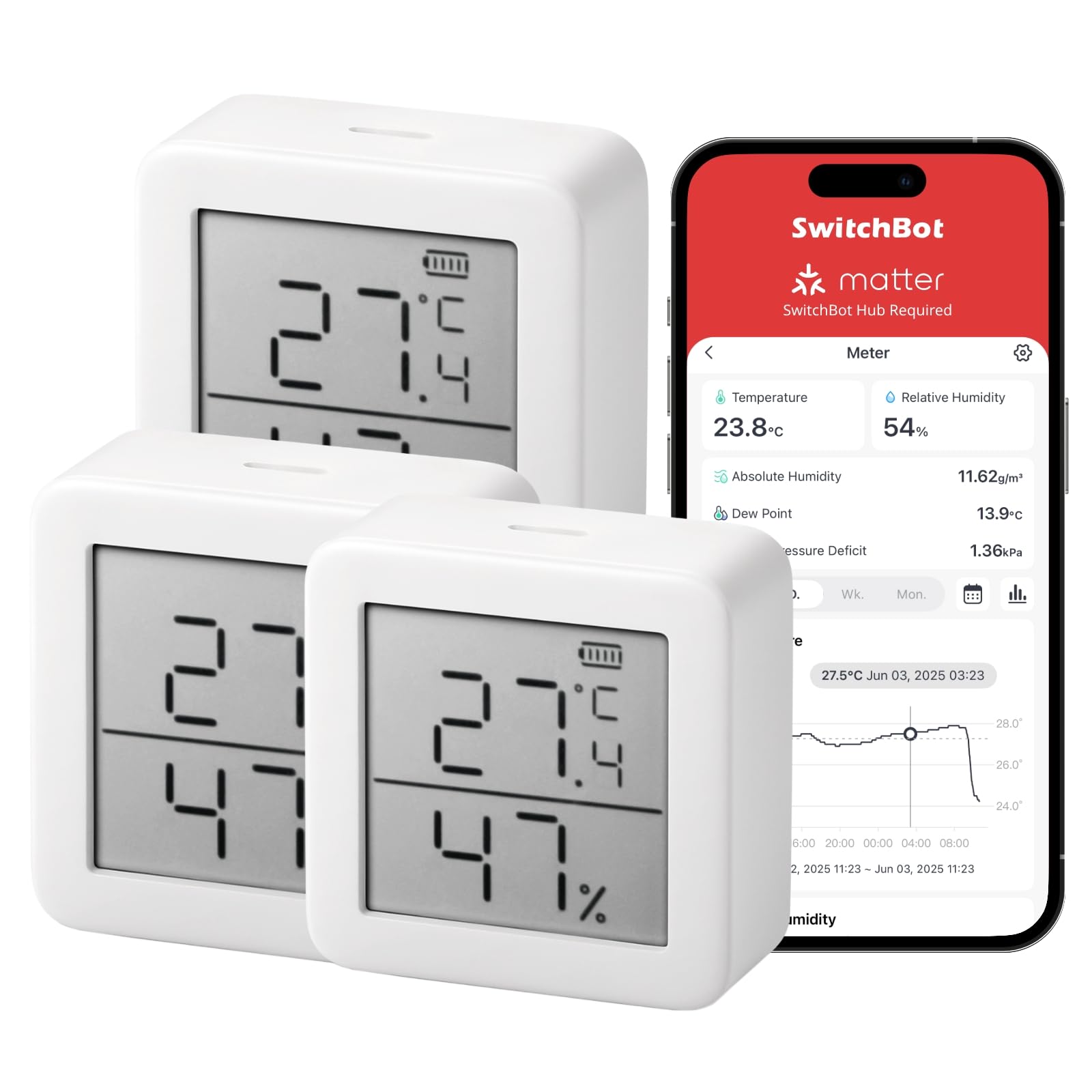 SwitchBot Thermometer Hygrometer Innen, Digital Hygrometer Bluetooth Thermo-Hygrometer mit APP, Taupunkt/VPD/Absolute Feuchtigkeitssensor (3er-Pack)