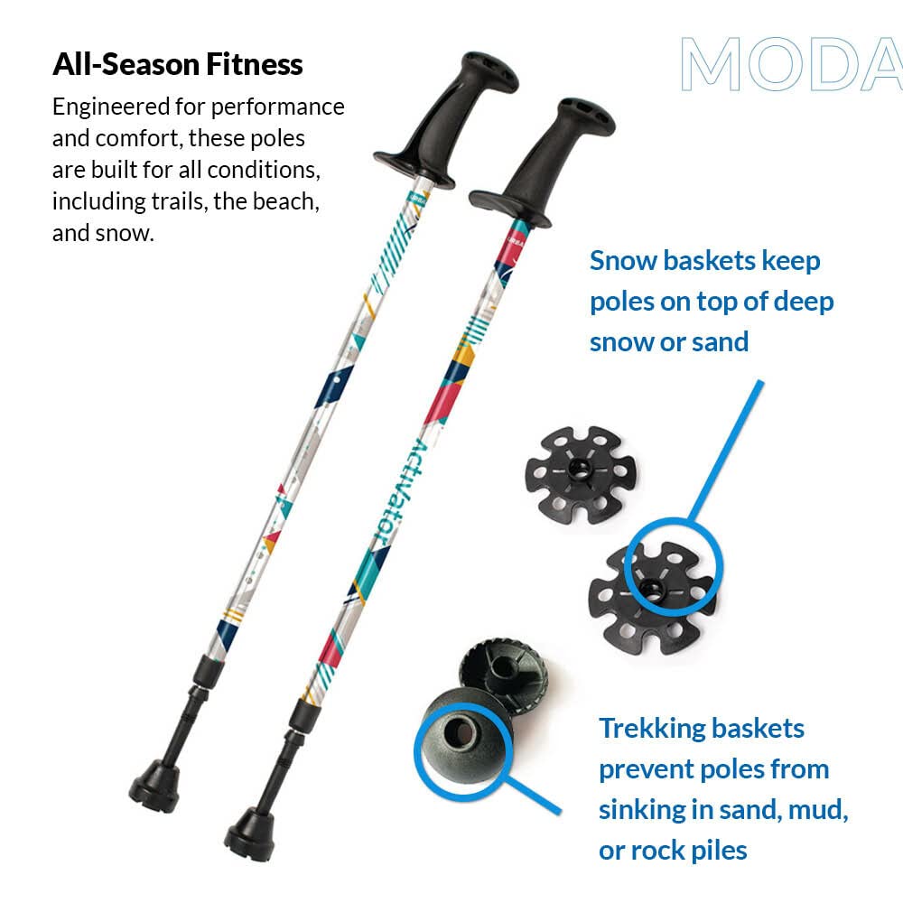 Urban Poling ACTIVATOR® MODA with Snow & Trekking Baskets, Silver with Blue, Green, & Yellow, 1 Pair – For Users 4'2