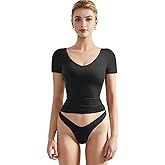 SUUKSESS Women Double Lined Fitted Basic Tee Sexy V Neck Short Sleeve Y2K Crop Top