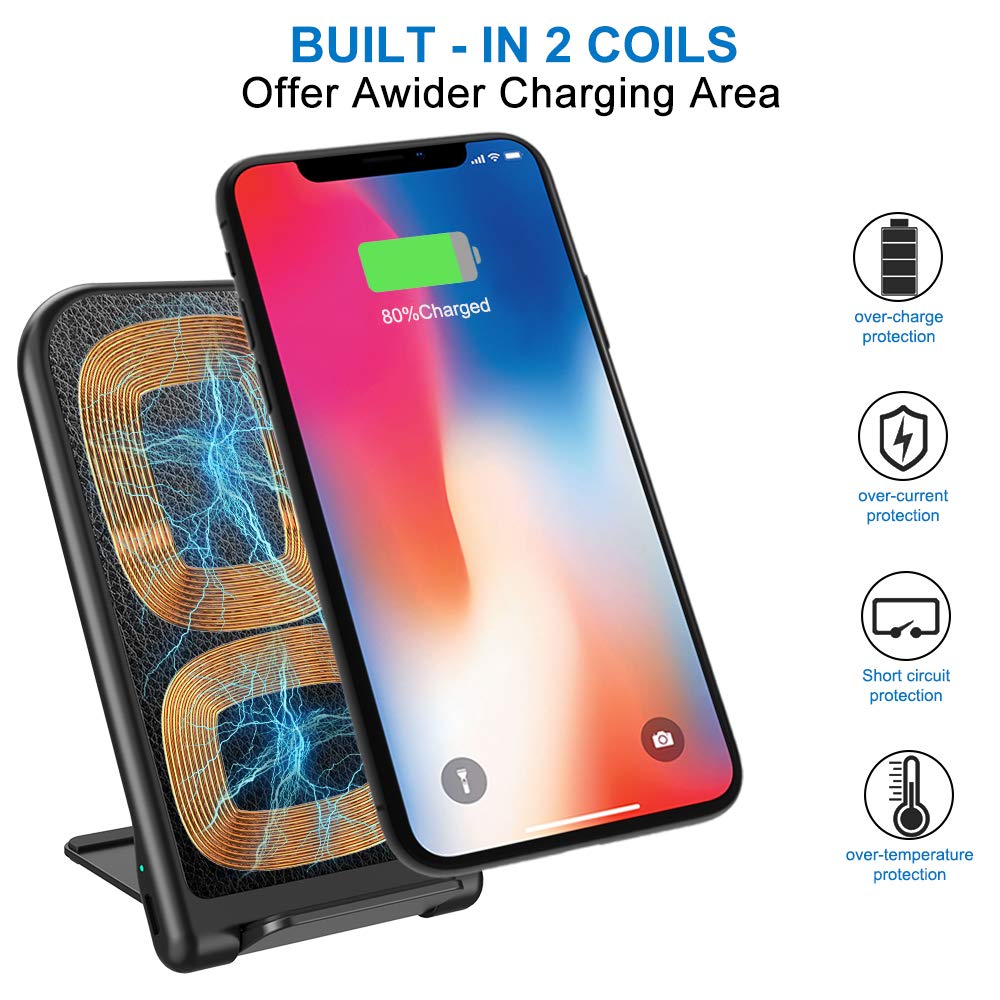 Wireless Charger, Jabuer 7.5W Qi-Certified Fast Wireless Charger Stand for iPhone Xs/Xs Max/XR/X/8/8+, 10W Leather Charging Pad for Galaxy Note 9/S9/S9+, 6W for All Qi-Enabled Phones (with AC Adapter)