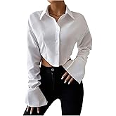 GORGLITTER Women's Cropped Button Down Shirts Long Bell Sleeve Collared Crop Blouses Tops Causal Office Outfits