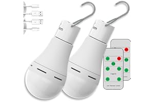 Flyhoom USB Rechargeable Light Bulbs with Remote, 4 Light Modes + Timer, 1200 mAh Rechargeable Battery, Portable LED Tent Light Bulbs for Home Emergency Camping Tent (Pack of 2)