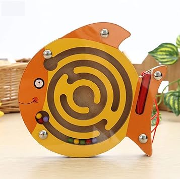 Simple Days Magnetic Pen Driving Bead Maze Wooden Labyrinth Puzzle Board Game Toy - Fish