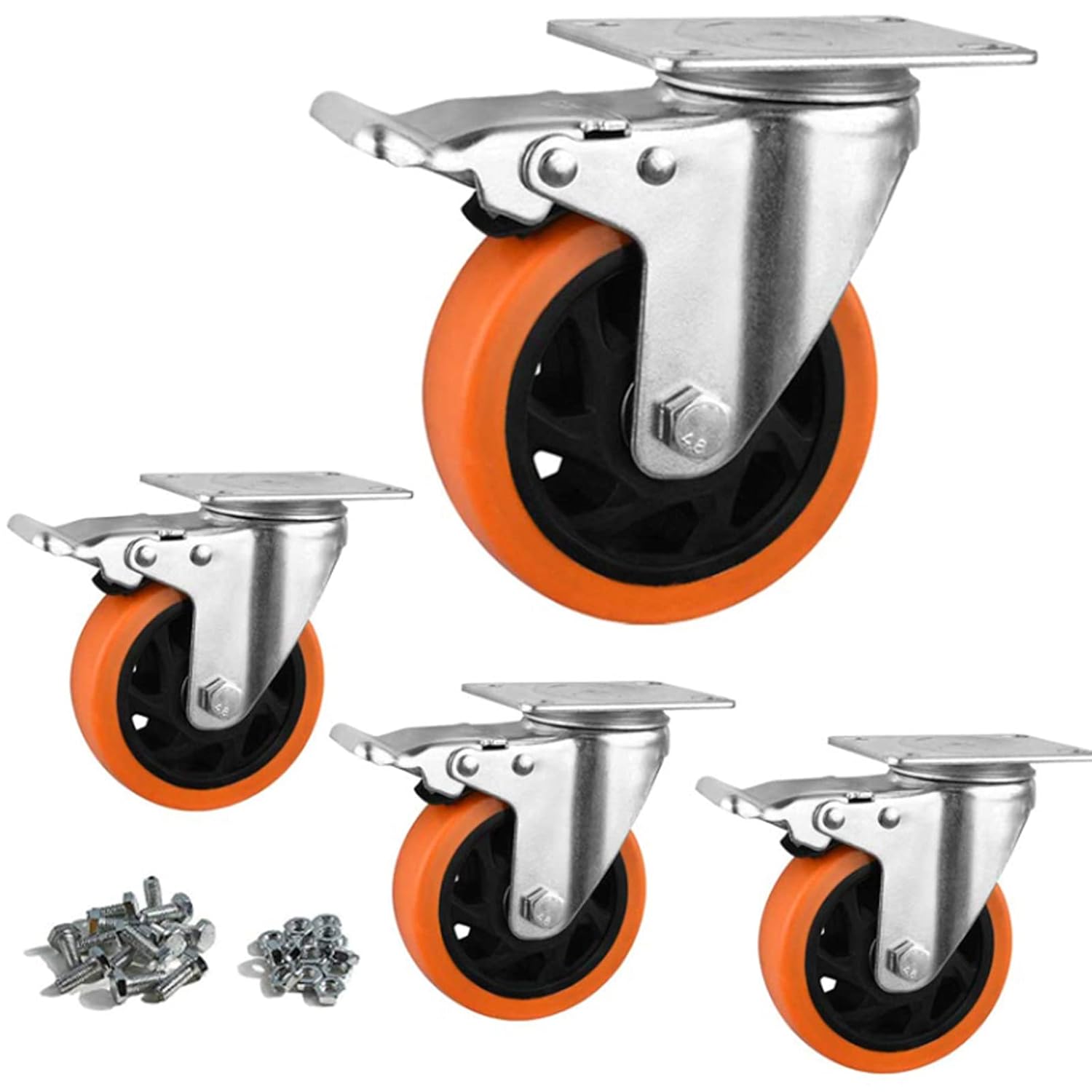YeMI 5 Inch Plate Swivel Caster Wheels with Brake, Heavy Duty Rubber Castors with Plate for Furniture, Workbench, Cart, Trolley-2200 Lbs Work Load Orange (5''Silver with Brake): Industrial & Scientific