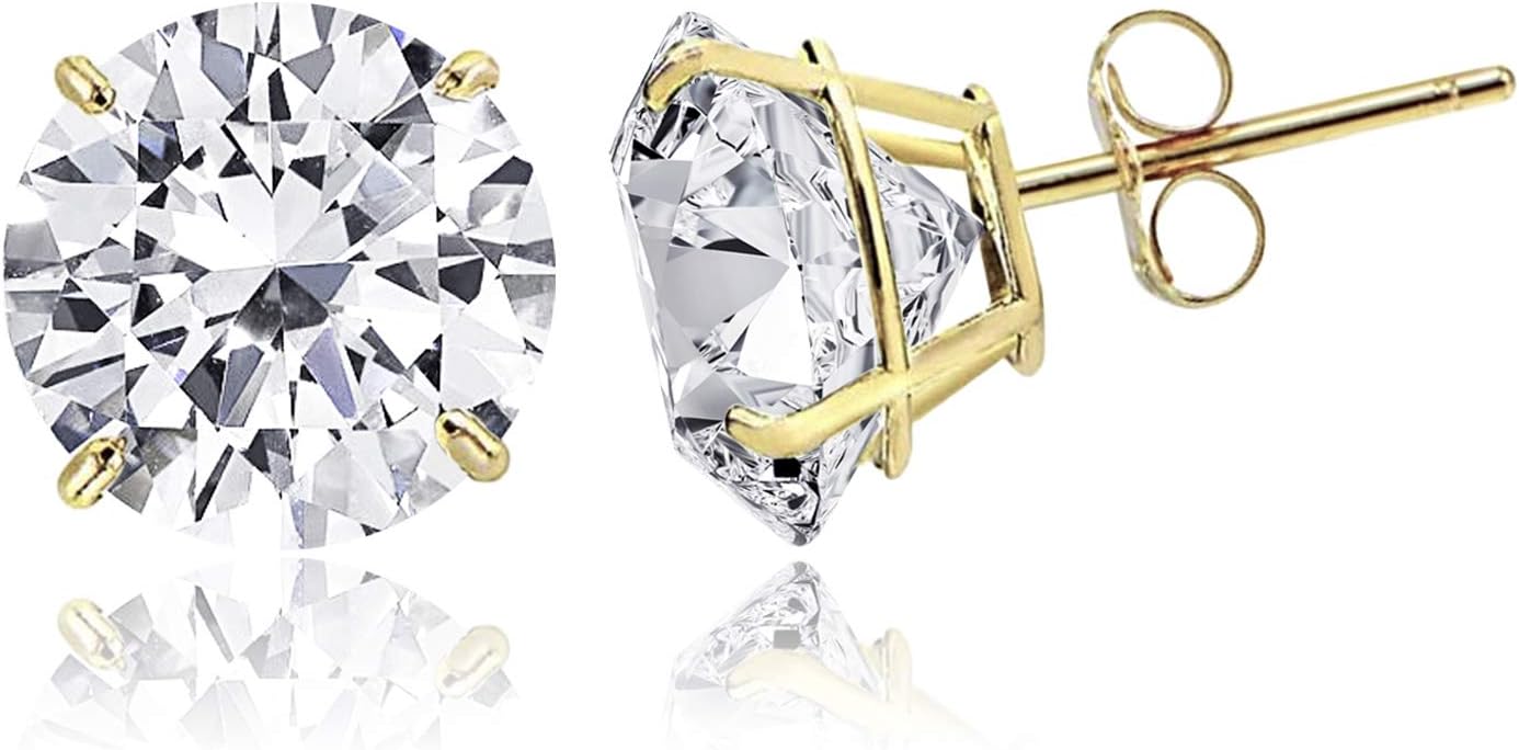 14K Solid Gold or Sterling Silver Stud Earrings for Women and Men Cubic Zirconia Round Cut & Princess Cut (3mm - 9mm)