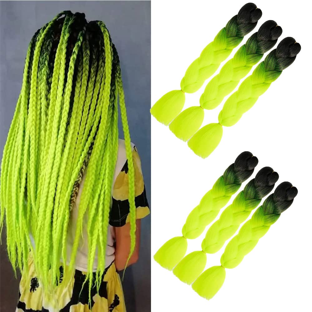 green braiding hair 6Pcs Jumbo Braiding Hair Extensions Synthetic Braids Extensions Hair for Braiding (Black to Neon Green)