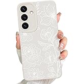 LEOMAKRON for Samsung Galaxy S25 case Silicone White Floral Lotus Cute Pattern Case，Camera Protection Soft Slim Phone Case for Girls Women - White