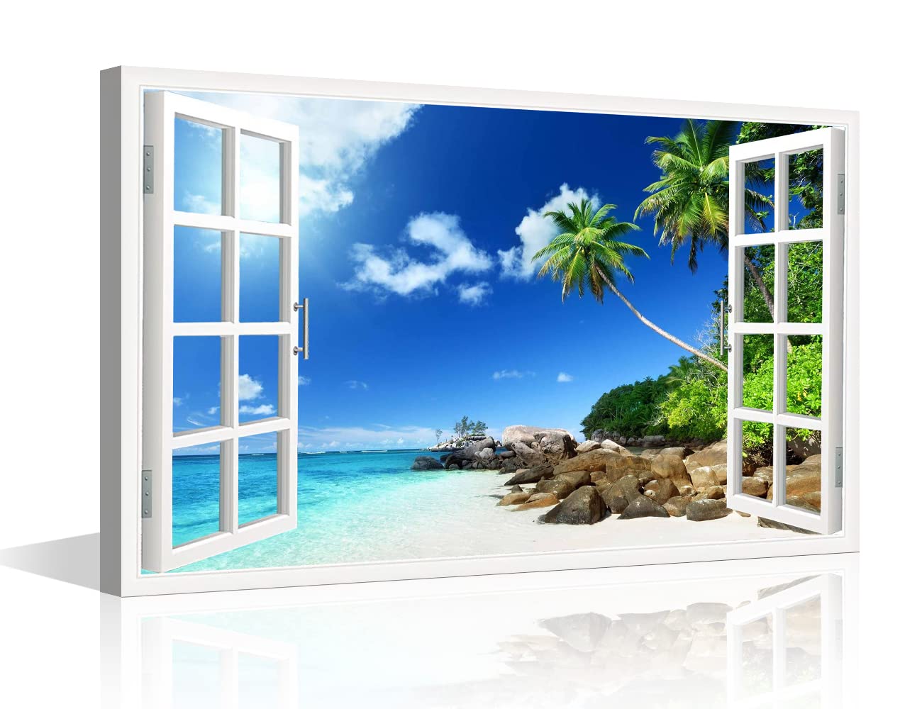 TISHIRON 3D Window Effect View Canvas Wall Art Beach Seaside Coconut Tree Landscap Pictures Artwork Ready To Hang Kitchen for Living Room Bathroom Office Home Decorations 16x24inch — image 1