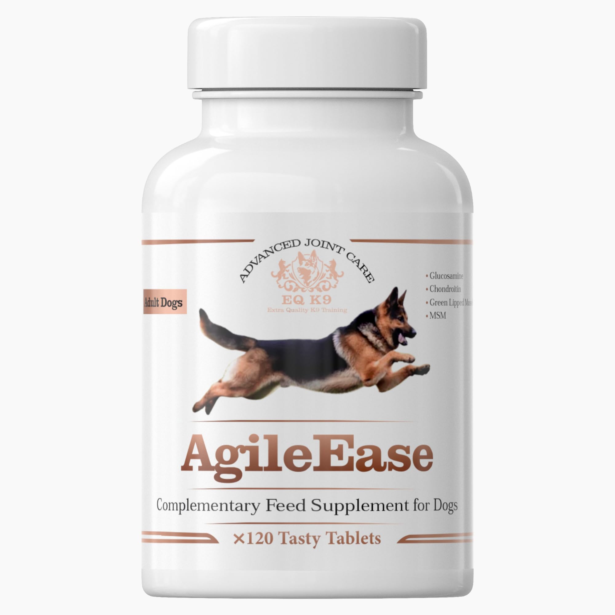 EQ K9 AgileEase Hip & Joint Supplements for Dogs (Senior & Adult), Advanced Joint Care with Glucosamine, MSM, Chondroitin & Green Lipped Mussel, Hyaluronic Acid Dog Joint Supplements,120 Tablets