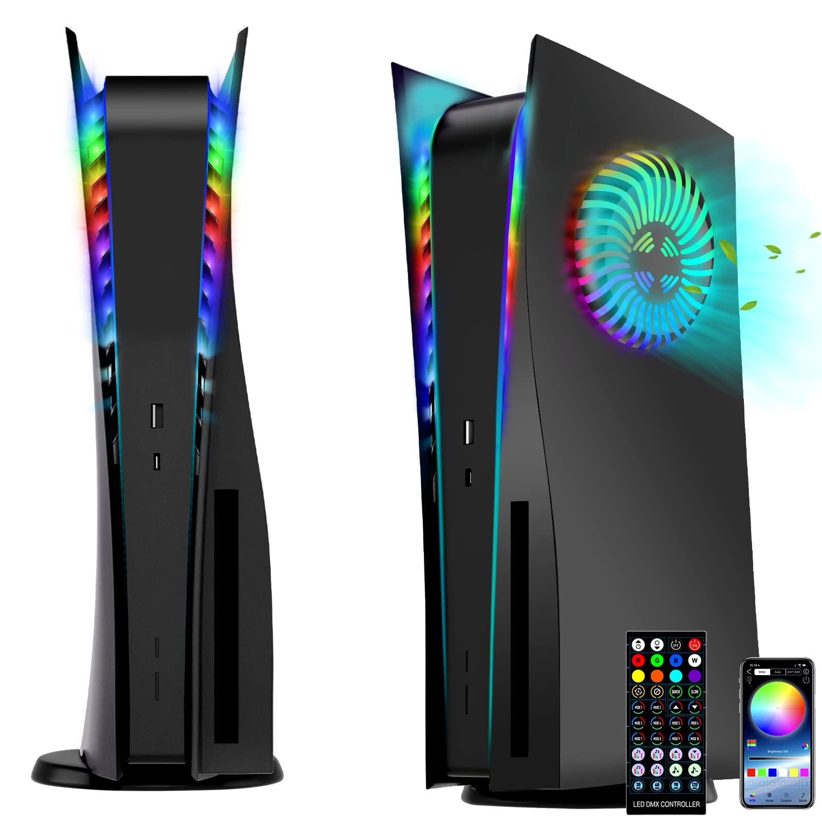 For PS5 Faceplates with Cooling Vents LED Lights, Megadream Cooling Cover Replacement Plates Shell Accessories Anti-Scratch Dustproof with RGB Lights Package for Playstation 5 Disc (Black)