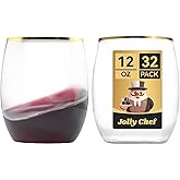 JOLLY CHEF 32 Pack 12oz Gold Plastic Wine Glasses Stemless, Disposable Wine Cupsty, Disposable Plastic Wine Cups for Party, Halloween, Christmas, Thanksgiving