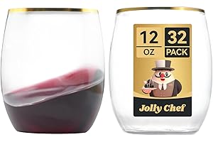 JOLLY CHEF 32 Pack 12oz Gold Plastic Wine Glasses Stemless, Disposable Wine Cupsty, Disposable Plastic Wine Cups for Party, Halloween, Christmas, Thanksgiving