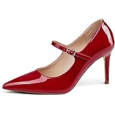 GENSHUO Women Mary Jane Pumps High Heels Pointed Closed Toe Stiletto with Strap Comfortable Vintage 3.2 Inch Office Wedding Dance Party Dress Shoes