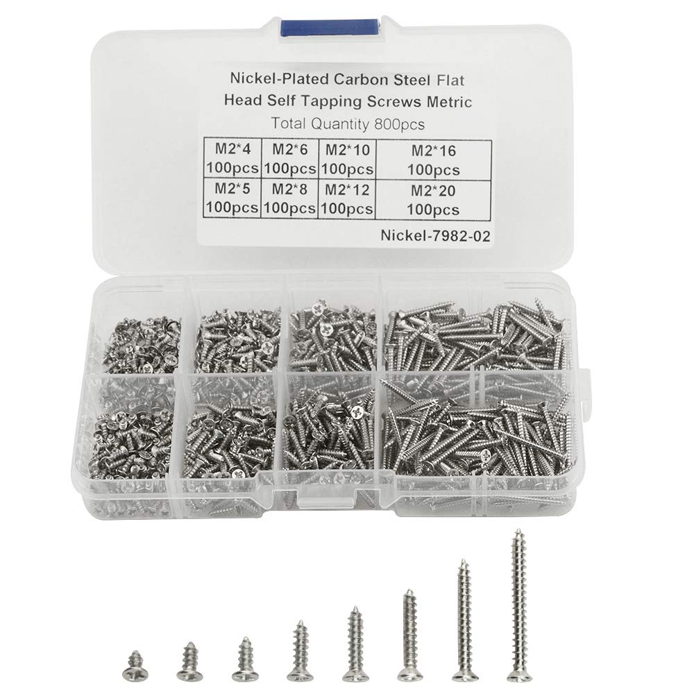 BGTXINGI 800PCS 8 Kinds M2 Nickel-Plate Flat Head Self Tapping Screw Stainless Sheet Wood Screw Assortment Kit Collected in A Convenient Case