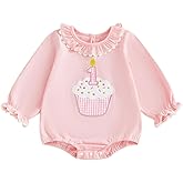 RSRZRCJ Infant Baby Girl First Birthday Outfit Ruffle Long Sleeve Romper Bodysuit 1 Cake Embroidery Cake Smash Clothes