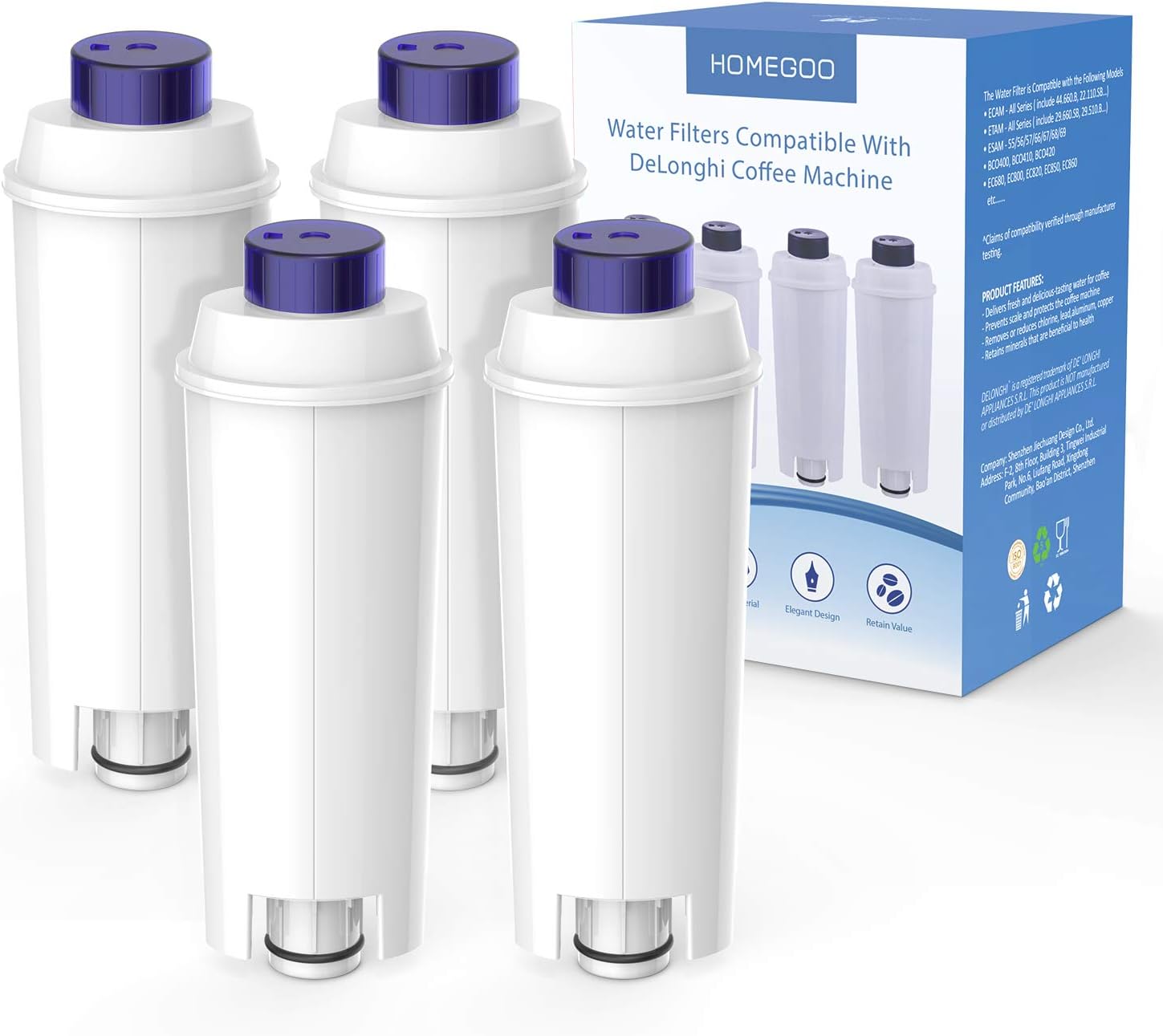 Coffee Machine Filter for DLSC002 Filter with Activated Carbon Softener, Homegoo Water Filter Compatible with ECAM, Esam, ETAM, BCO, EC. (Pack of 4)