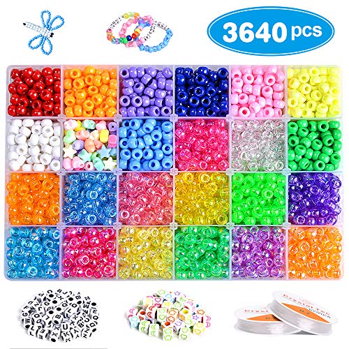 3640+pcs Pony Beads Kit for Bracelet Jewelry Making, Hair Beads, Include 23 Colors Rainbow Beads(9mm), 520 Letter Beads, 50 Color Beads, 90 Heart & Heart Beads and 2 Rolls Elastic String.
