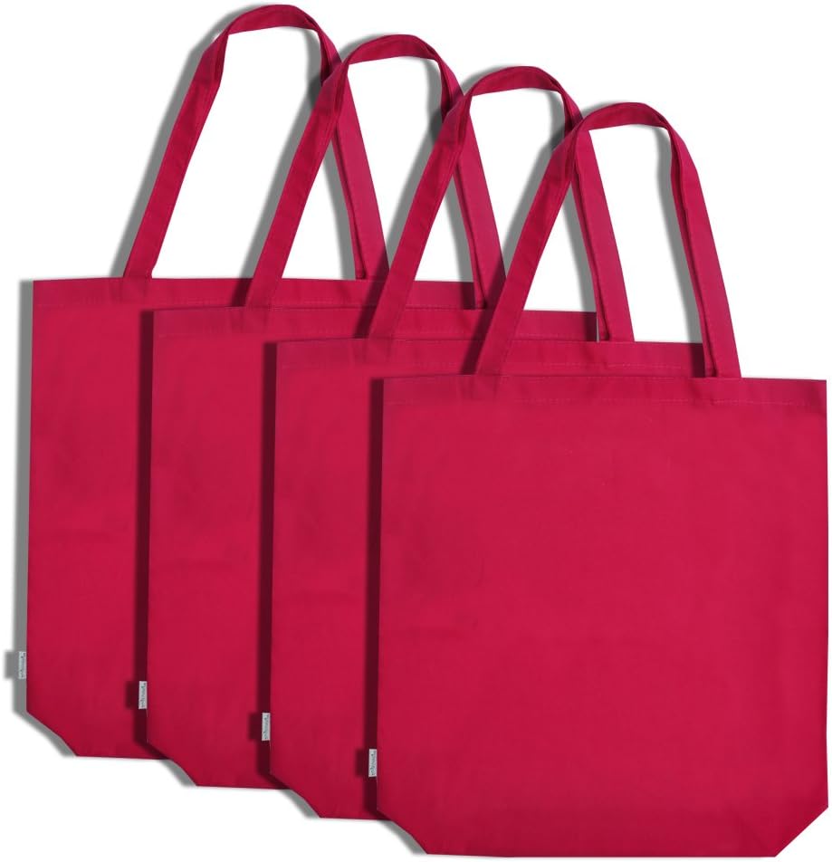 Augbunny 100% Cotton Canvas Shopping Tote Bag Grocery Bag 4-Pack (Hot Pink)