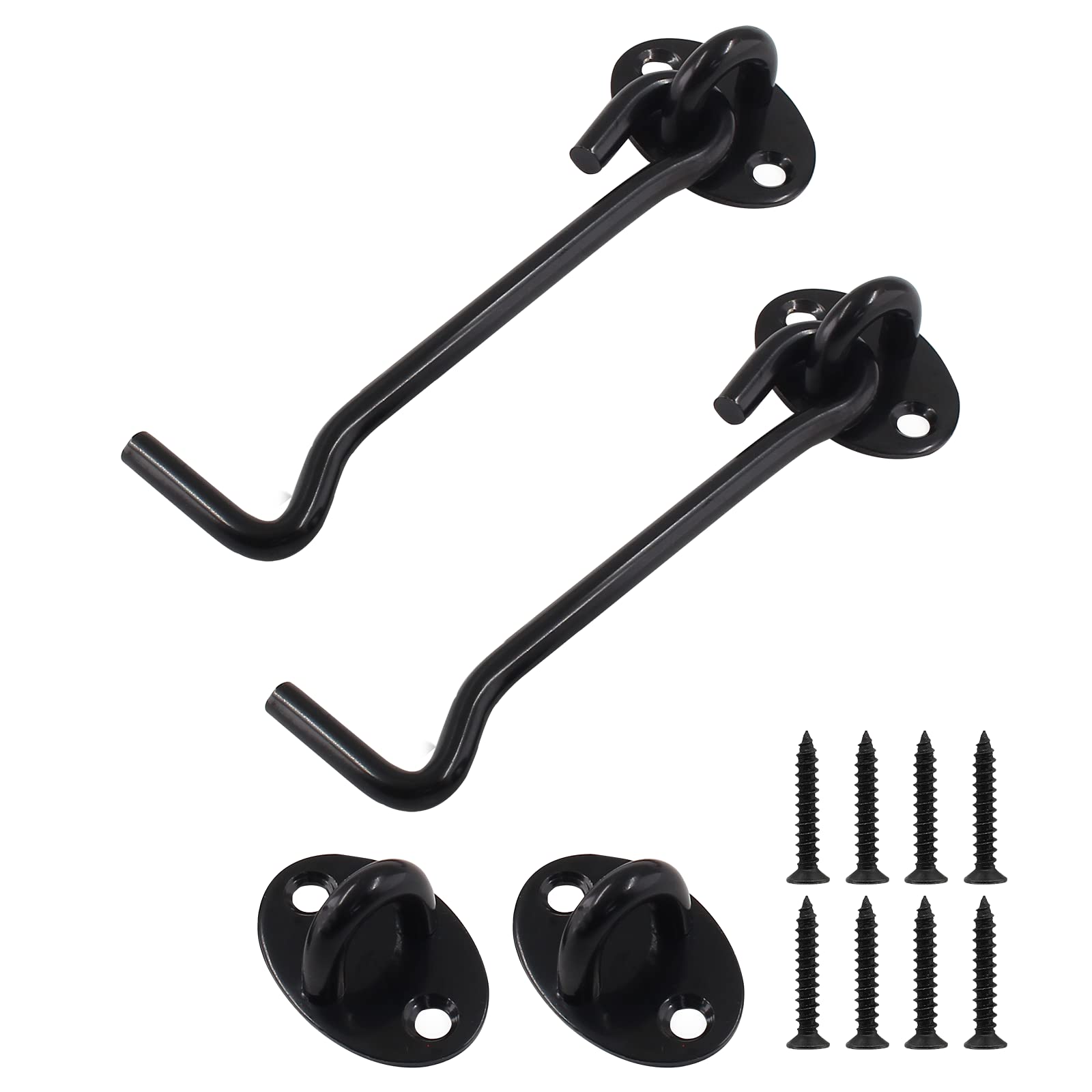 Cjueiom 2pcs Heavy Duty Shed Hook and Eye Latch Set, 100mm / 4 Inch Black Stainless Steel Cabin Hook and Eye Latch for Sliding Door Garage Barn Door Window Garden Shed