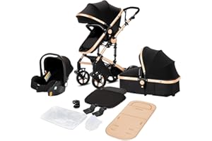 MAGIC ZC 3 in 1 Baby Stroller Travel System, Reversible Newborn Foldable Pram, Infant High Landscape Pushchair, Portable Standard Stroller, Reclining Buggy, Baby Carriage (MG588-BLACKGOLD Without Base)