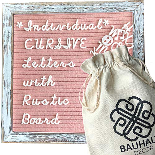 Cursive Style Letters - Blush Pink Felt Letter Board Set with 10x10 Rustic Farmhouse Wood Frame by Bauhaus Decor - Changeable Message Board with 395 White Letters, Numbers, and Emojis.