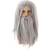 Maripabon Grey Wig and Beard Wizard Costume Wig Accessory, Long Gray Wizard Beard and Wig Set Reusable Fake Beard Sorcerer Party Dress Up for Halloween Cosplay-Straight Style