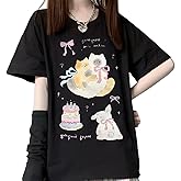 RILGOU Harajuku Kawaii Gothic Clothes Casual Style Loose Soft Crewneck Cute Cartoon Cats with Bows Print T-Shirt