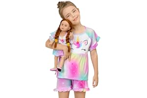 PLAY TAILOR Girl & Doll Matching Pajamas Unicorn Outfit Clothes for Girls and 18" Dolls Pajama Sets (Doll Not Included)