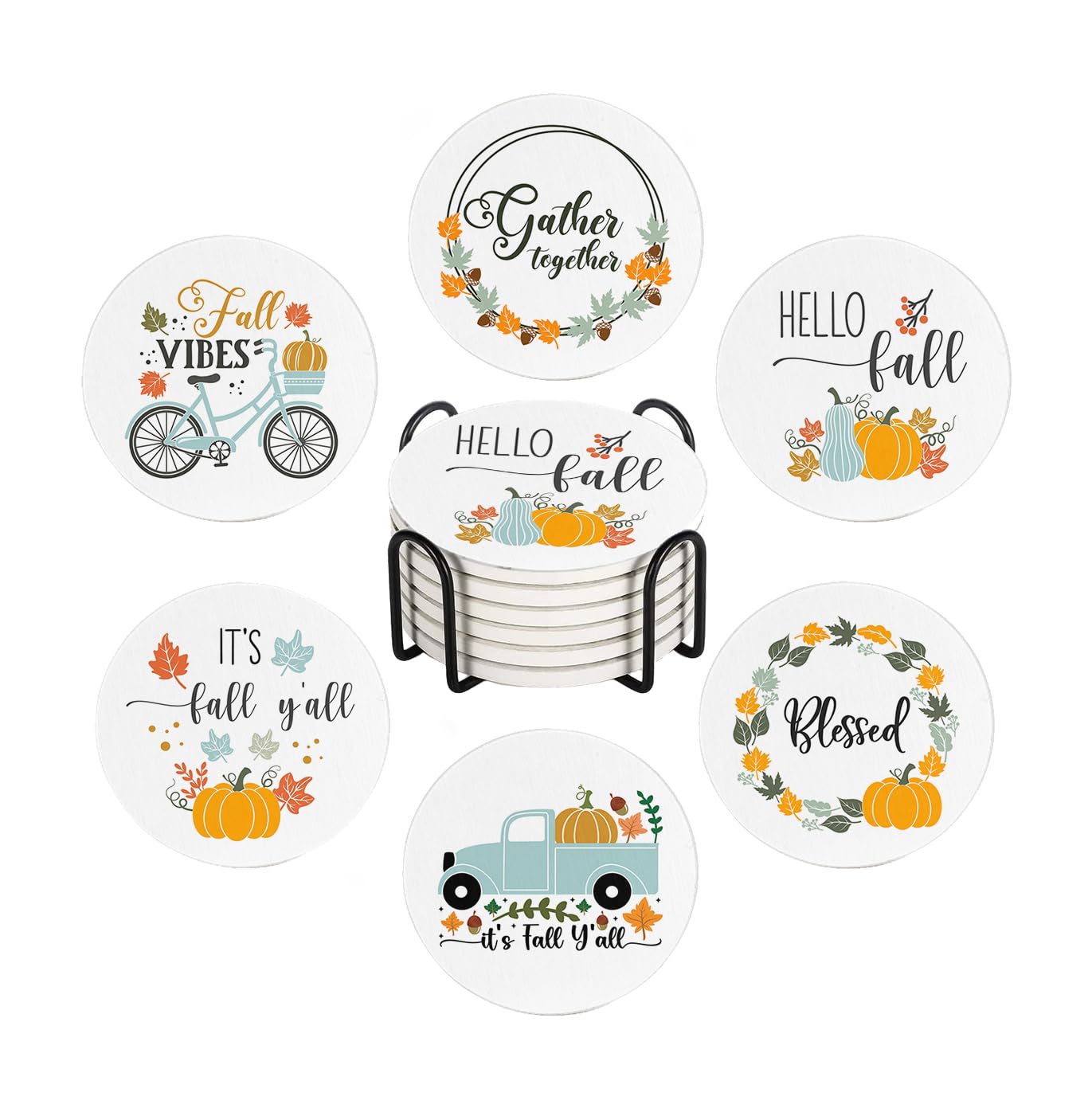Fall Drink Absorbent Coasters with Holder Set of