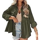 JINZHAO Womens Corduroy Peplum Shirts Tops Cute Long Sleeve Button Down Blouses with Pockets
